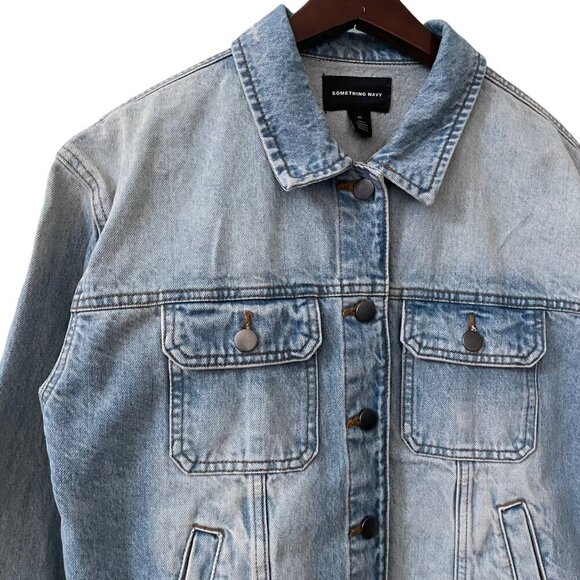 Something Navy Blue Light Wash Denim Jean Jacket Womens Size XS Classic Preppy - Picture 2 of 7